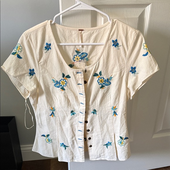 Free People Tops - Free People Cream Blouse with Blue Floral Embroidery